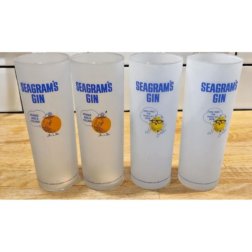 4 Seagram's Gin Glasses Collins 6.75” Tall Frosted Orange Lemon Highball